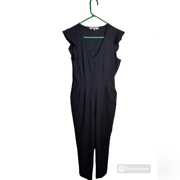 CUPCAKES and CASHMERE navy jumpsuit button front flutter sleeve tapered size 6 - Picture 4 of 7